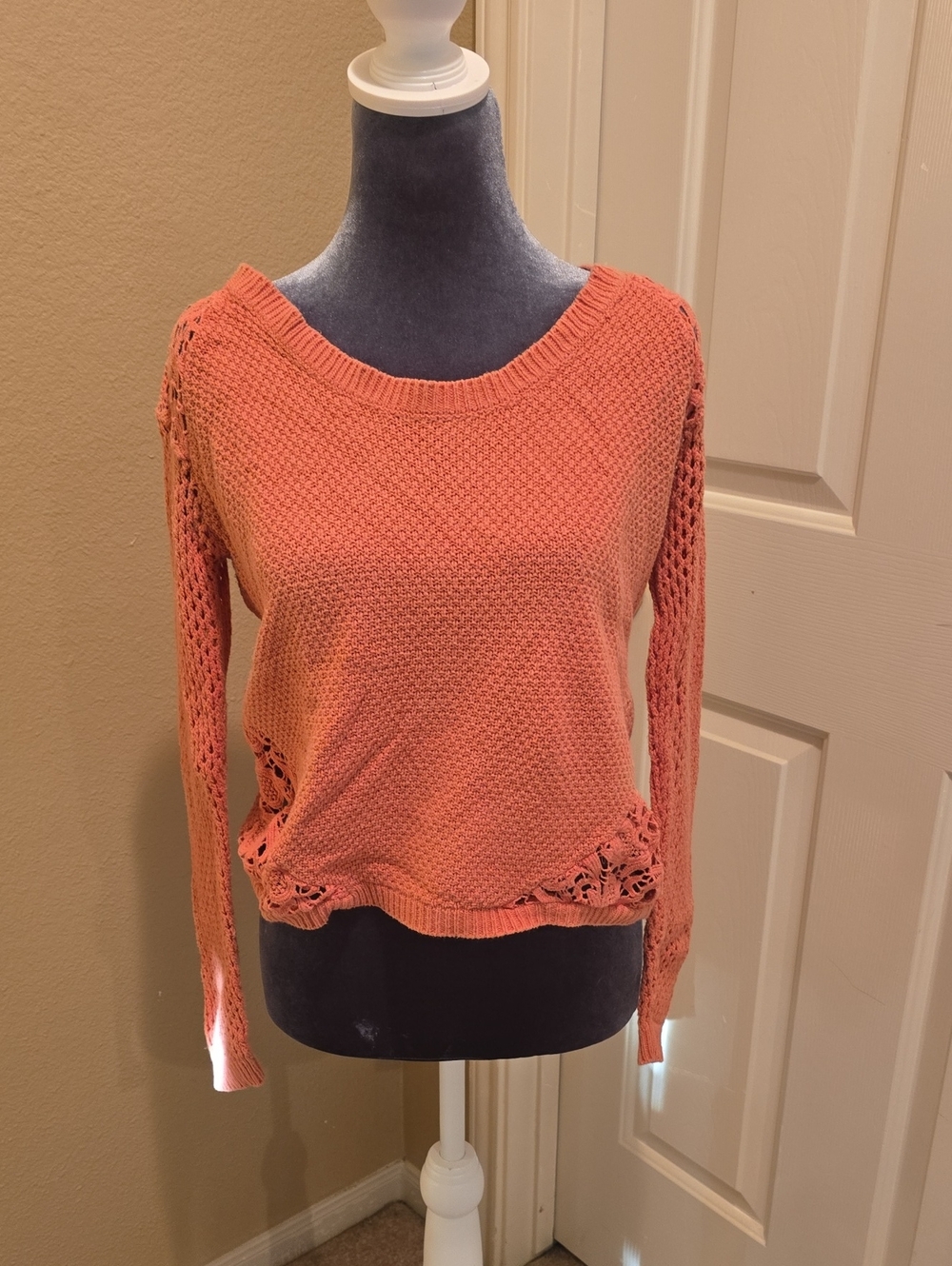 Daytrip Coral Open-Knit Crochet Hem Sweater